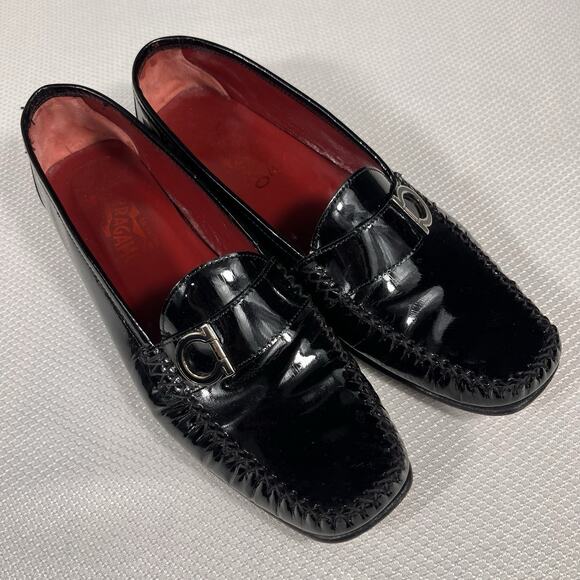 Salvatore Ferragamo Shoes - Salvatore Ferragamo‎ Loafers Gancini Square Toe Low Heel Enamel 7.5 SN 4297